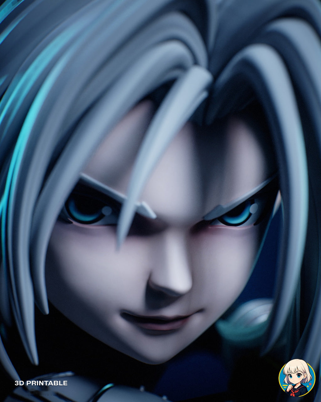 Sculptor's render (kit ships unpainted): close-up of the face with narrowed teal eyes under long silver bangs
