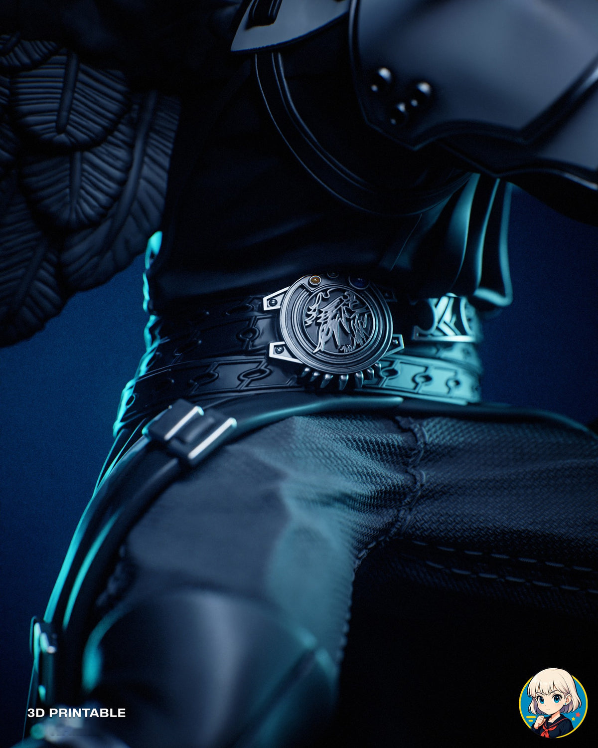Sculptor's render (kit ships unpainted): close-up of the round engraved silver belt buckle above the woven trousers