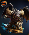 Sculptor's render of the painted design (kit ships unpainted): front view of the chibi spiked dragon charging down the rock slab with both wings raised and blue crystals around the base