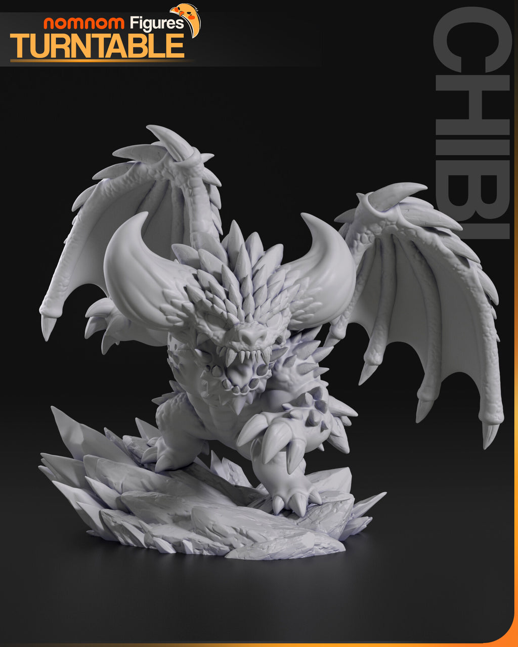 Sculptor's render (kit ships unpainted): gray front view with both wings spread wide over the crystal rock base