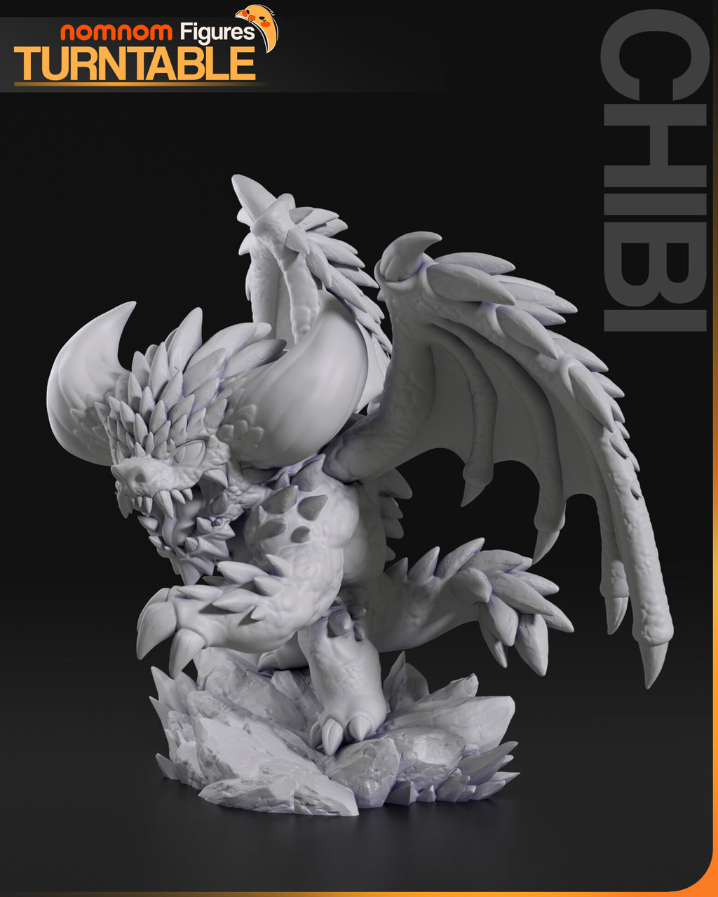 Sculptor's render (kit ships unpainted): gray side view showing the curled horns and the spikes along the forearm