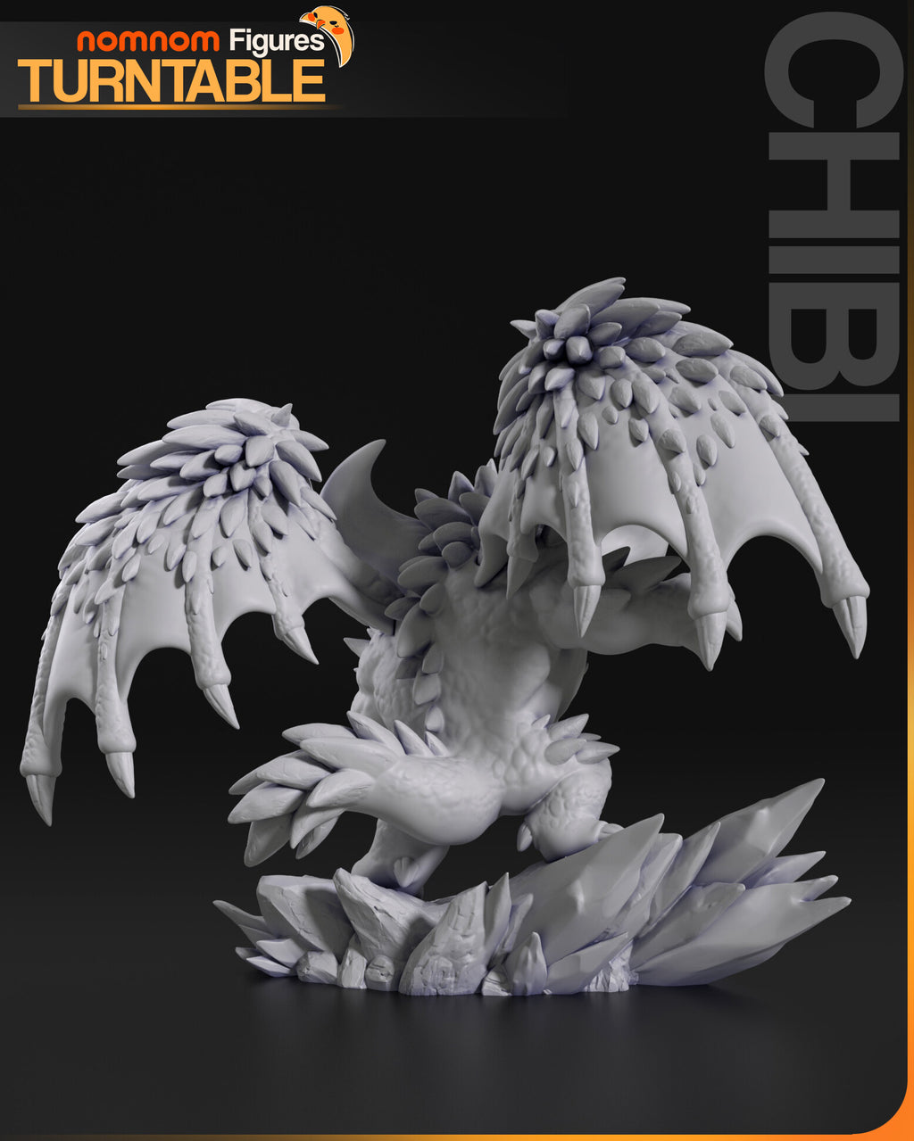 Sculptor's render (kit ships unpainted): gray rear view of the wings, the spiked tail and the crystal clusters at the back of the base