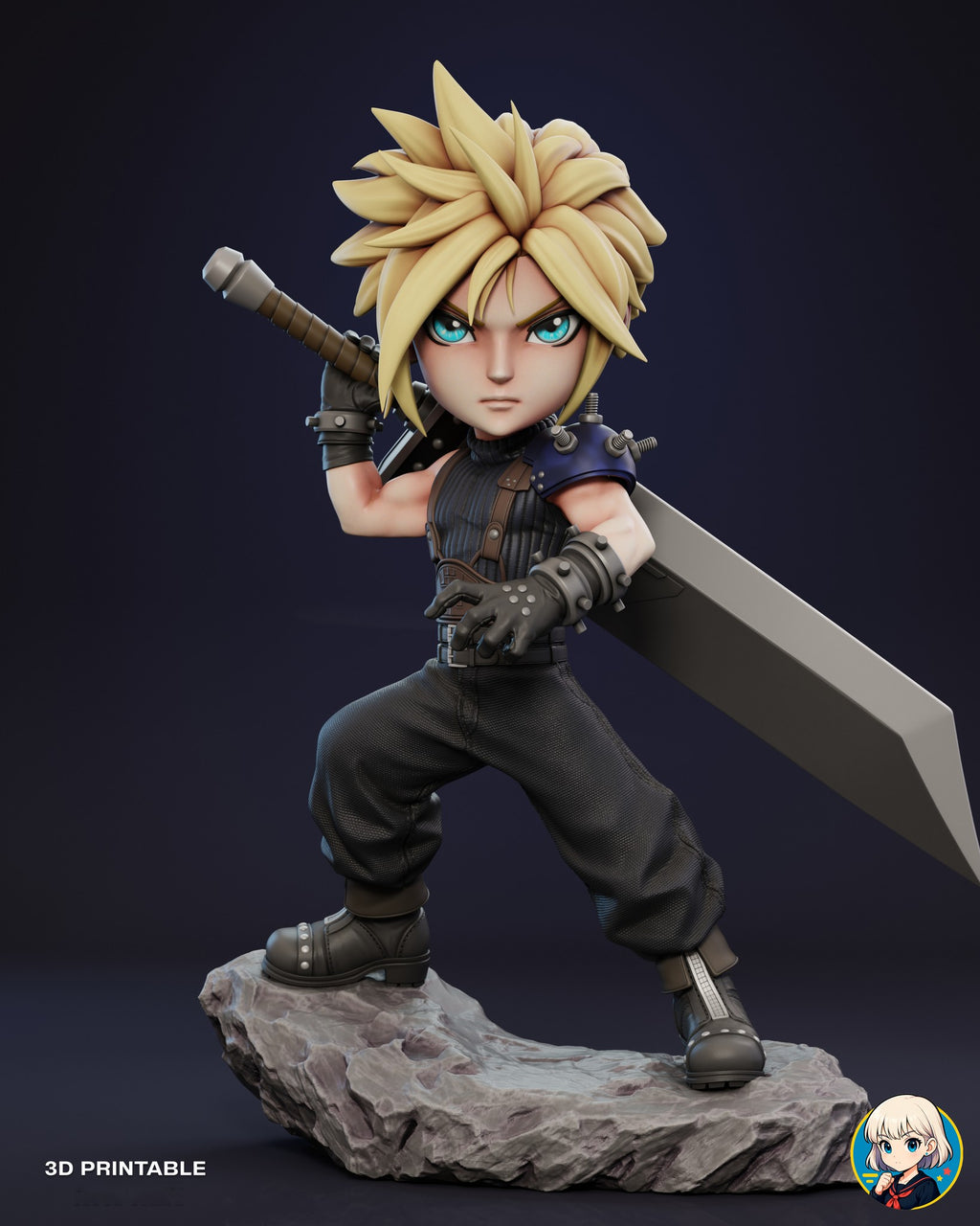 Sculptor's render of the painted design (kit ships unpainted): front three-quarter view of the whole figure on the gray rock base, the broadsword over his shoulder with its tip past the end of the rock