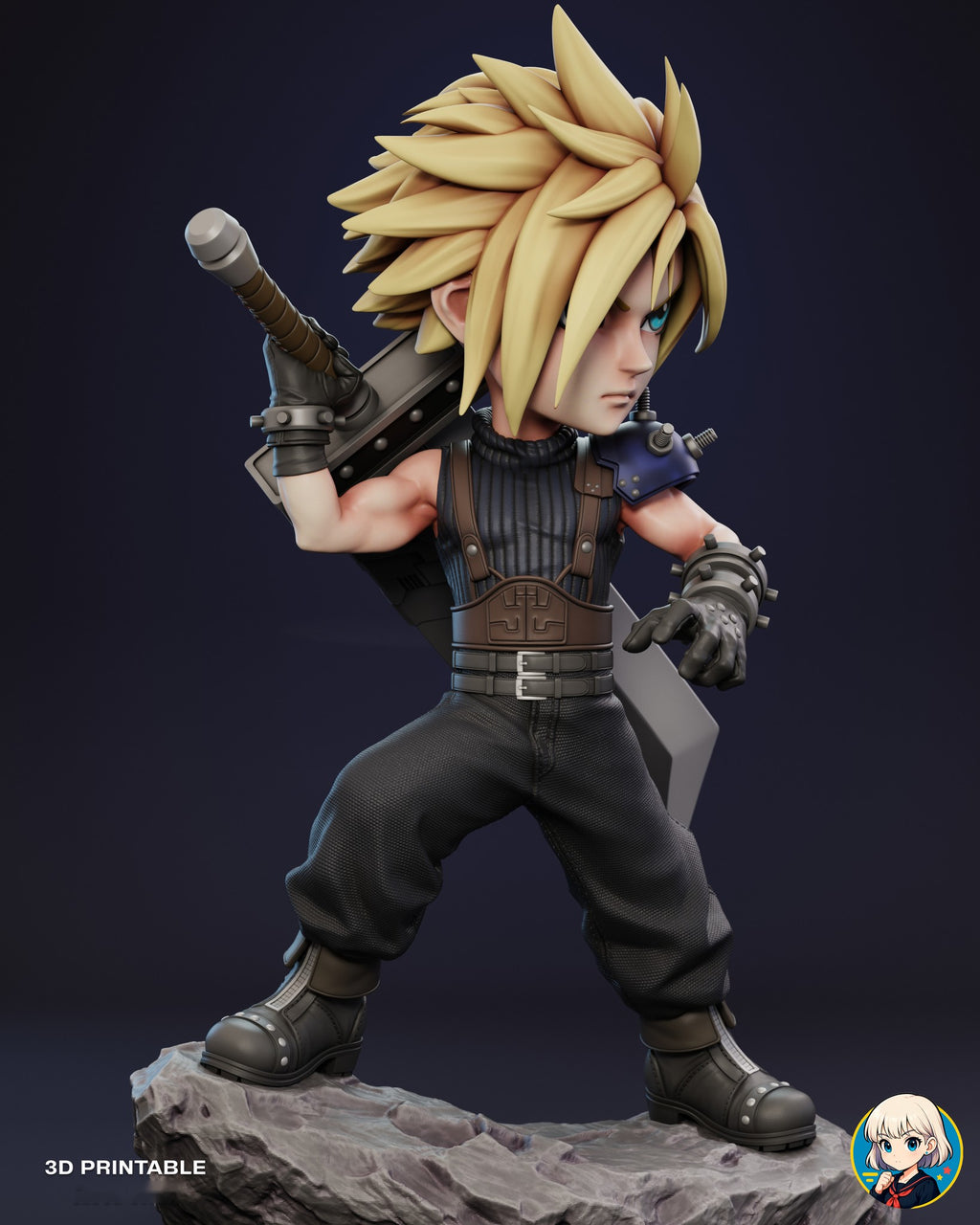 Sculptor's render (kit ships unpainted): front view with his head turned, showing the ribbed sweater, leather suspenders, embossed waist piece and twin belts