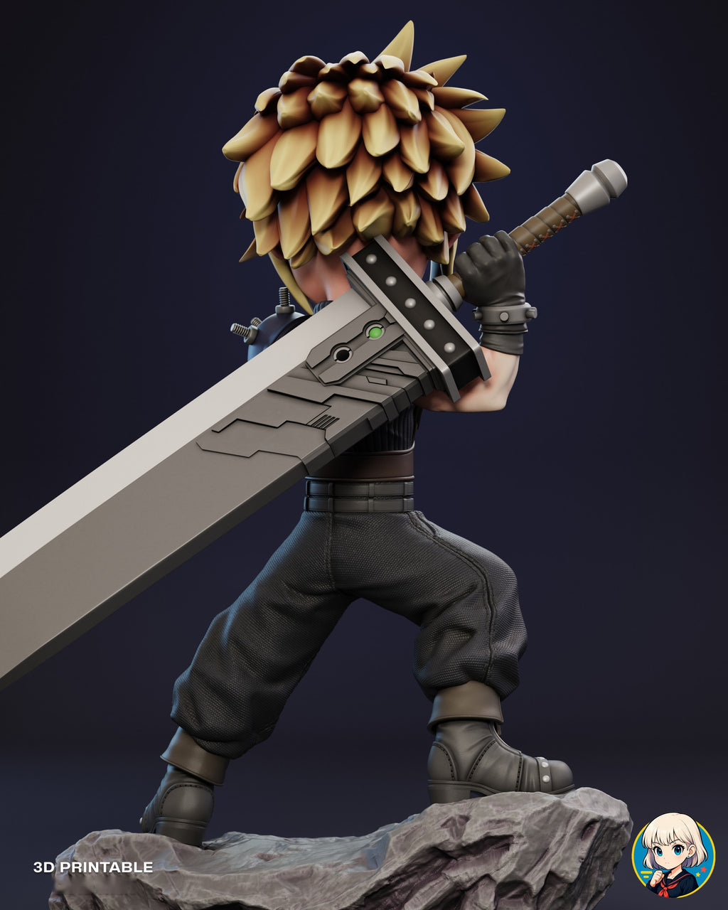 Sculptor's render (kit ships unpainted): back view with the spiky hair, the sword's guard and grip and the green orb in the blade