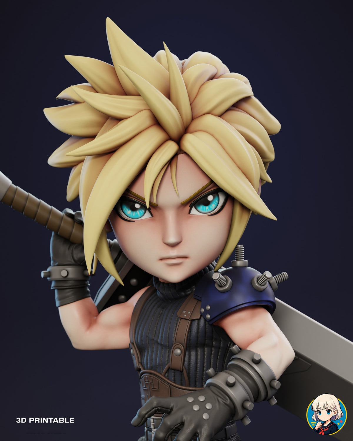 Sculptor's render (kit ships unpainted): close-up of the face with cyan eyes, the spiky blond hair and the bolted navy pauldron