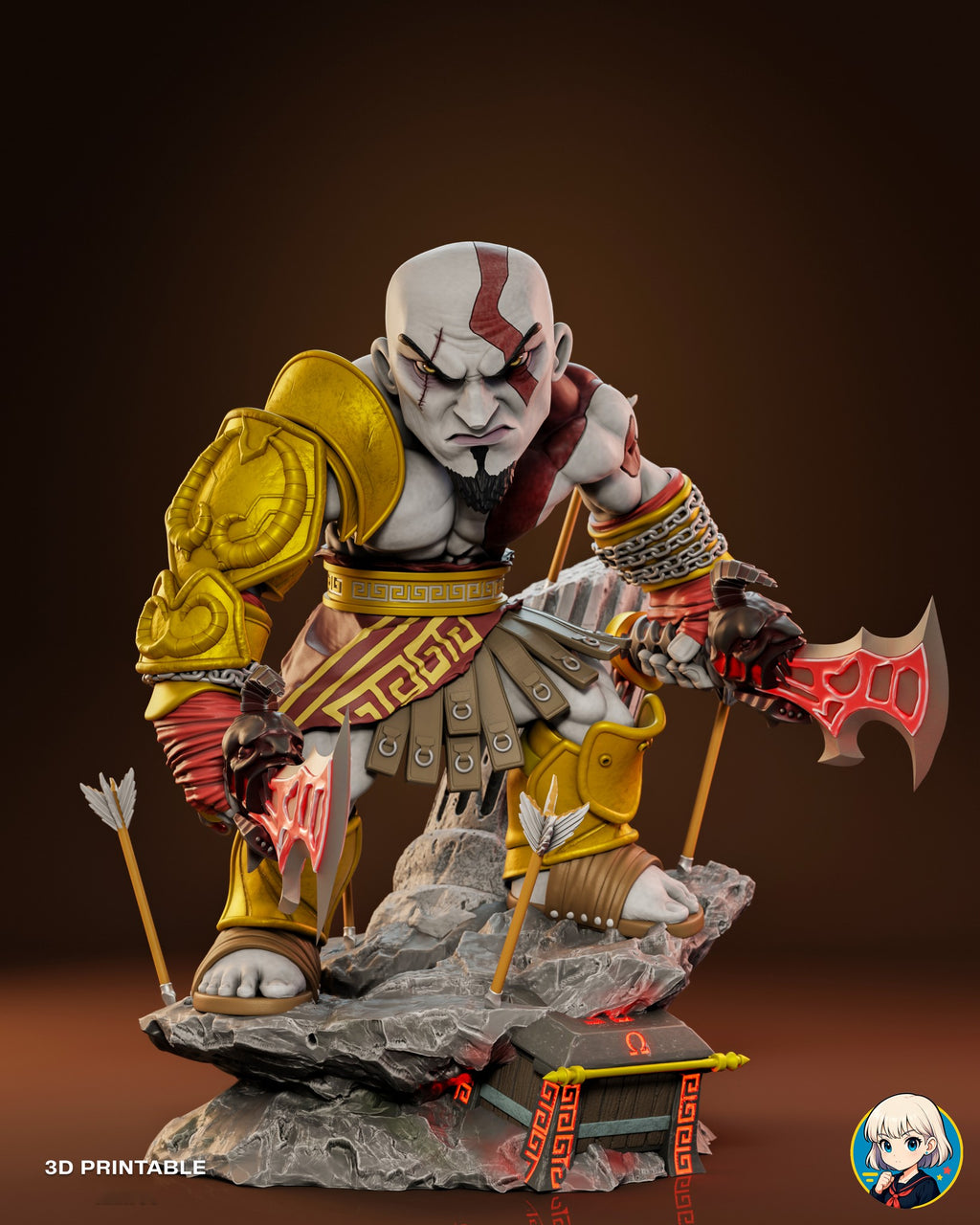 Sculptor's render of the painted design (kit ships unpainted): front view of the figure with the twin blades crouched on the rock base, with the broken column behind, arrows in the stone and the half-buried chest at the front