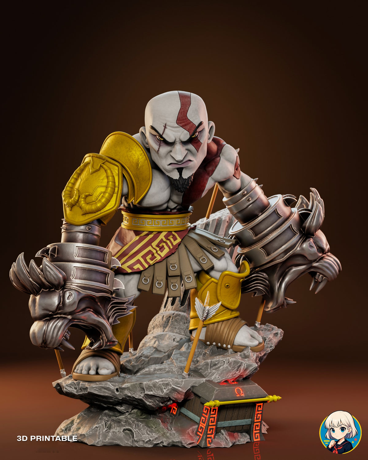 Sculptor's render (kit ships unpainted): the same front view with the lion-head gauntlets in place of the blades