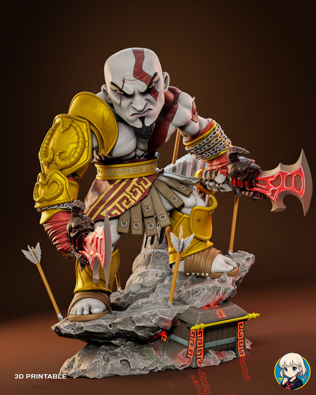 Sculptor's render (kit ships unpainted): three-quarter view of the figure with the twin blades, the left blade held out to the side over the base