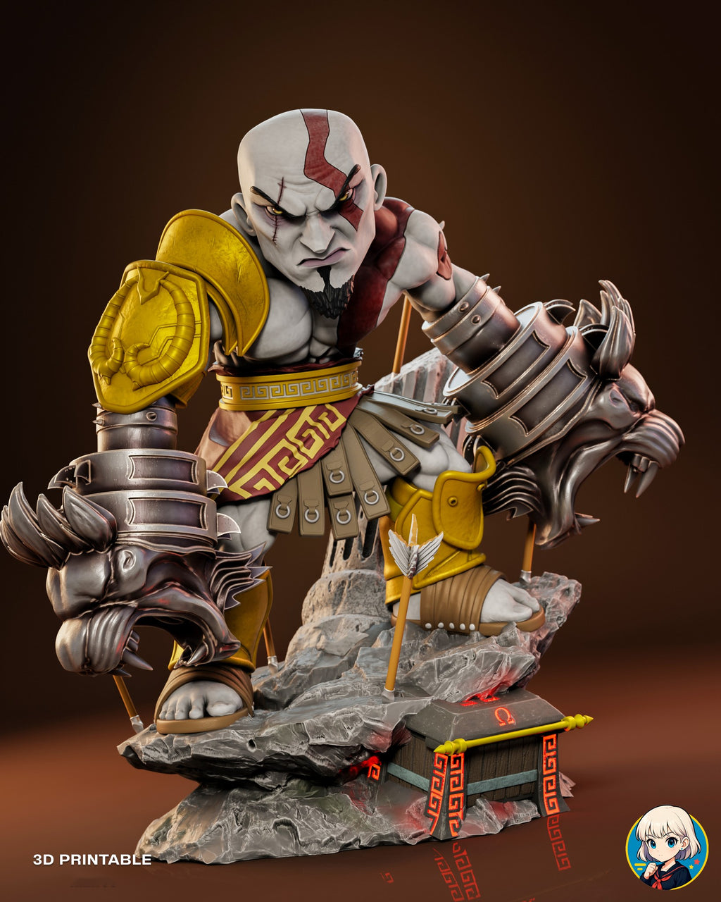 Sculptor's render (kit ships unpainted): three-quarter view of the figure with the lion gauntlets, a roaring lion head held out to his left
