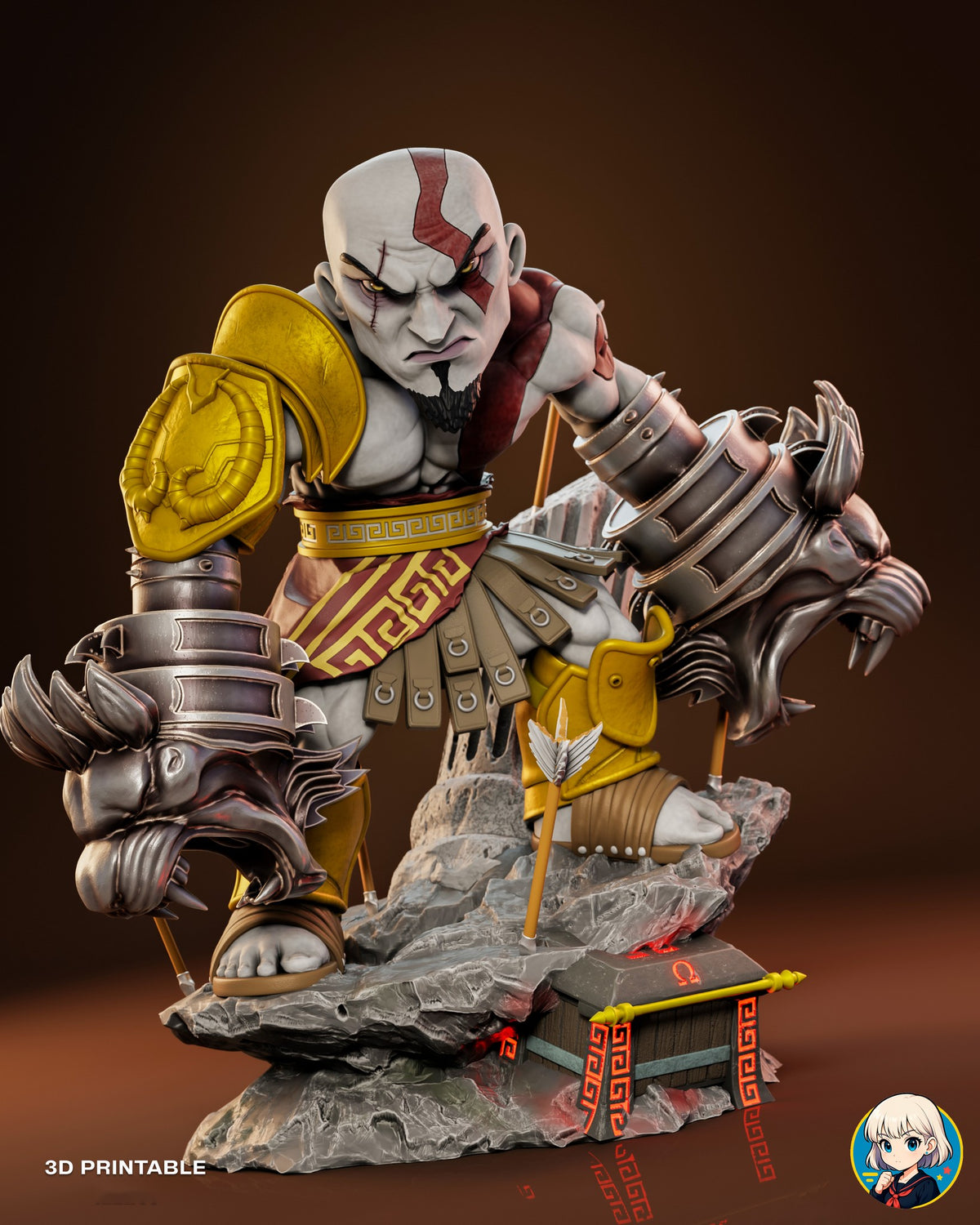 Sculptor's render (kit ships unpainted): three-quarter view of the figure with the lion gauntlets, a roaring lion head held out to his left