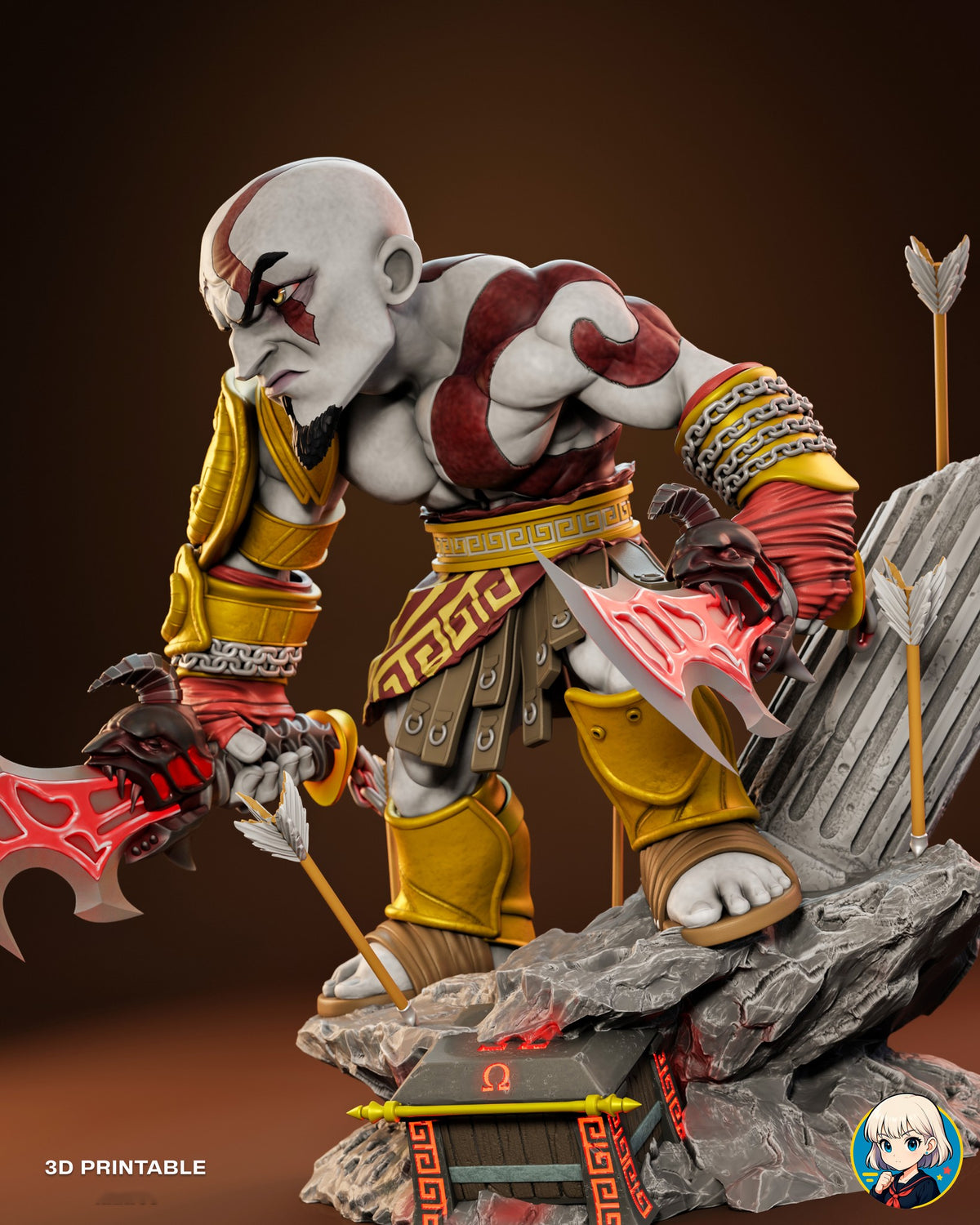 Sculptor's render (kit ships unpainted): view from his left showing the red tattoo over his shoulder, the chain-wrapped forearm and arrows by the column