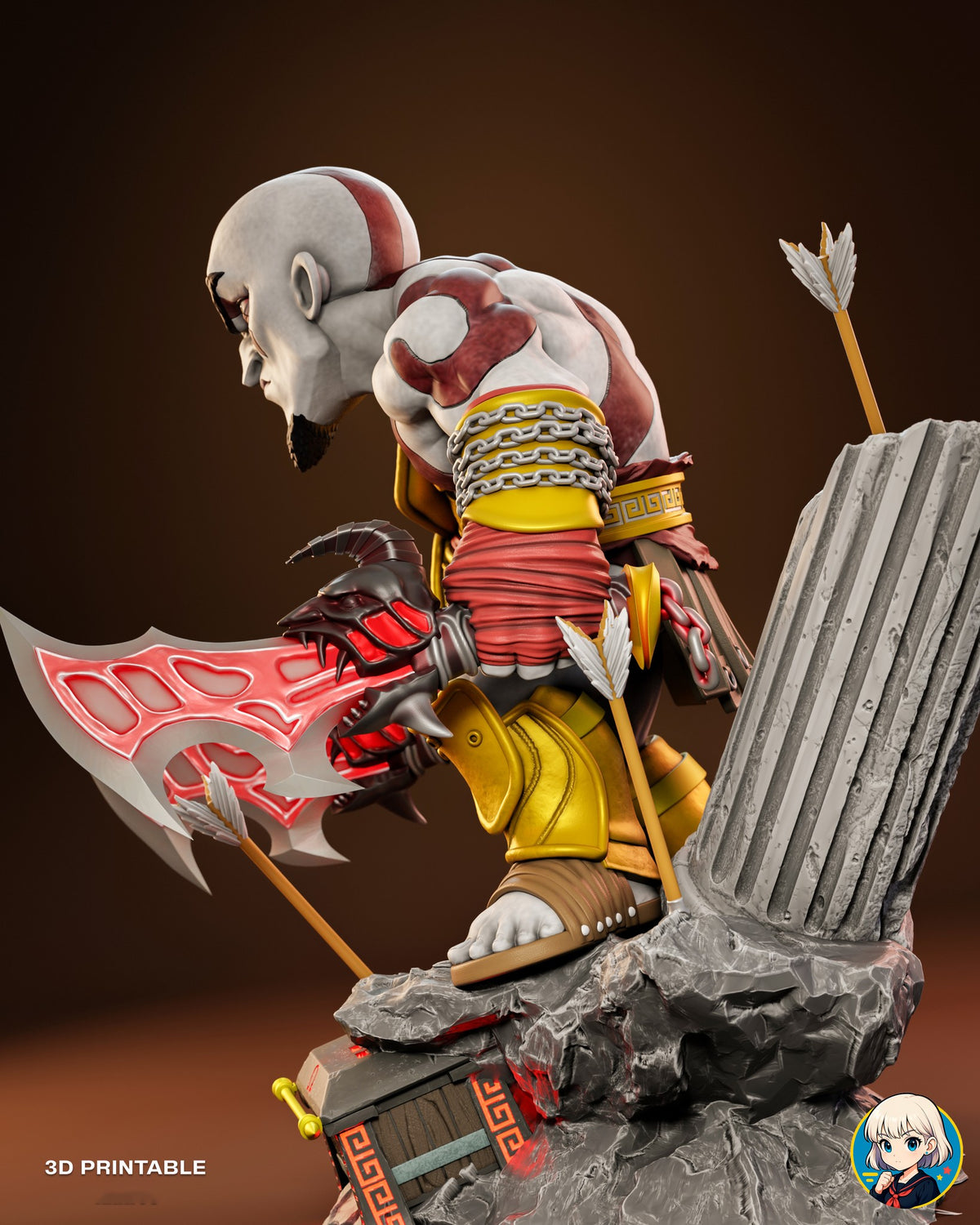 Sculptor's render (kit ships unpainted): left side view, leaning forward with a blade, the fluted column and an arrow lodged in its broken top