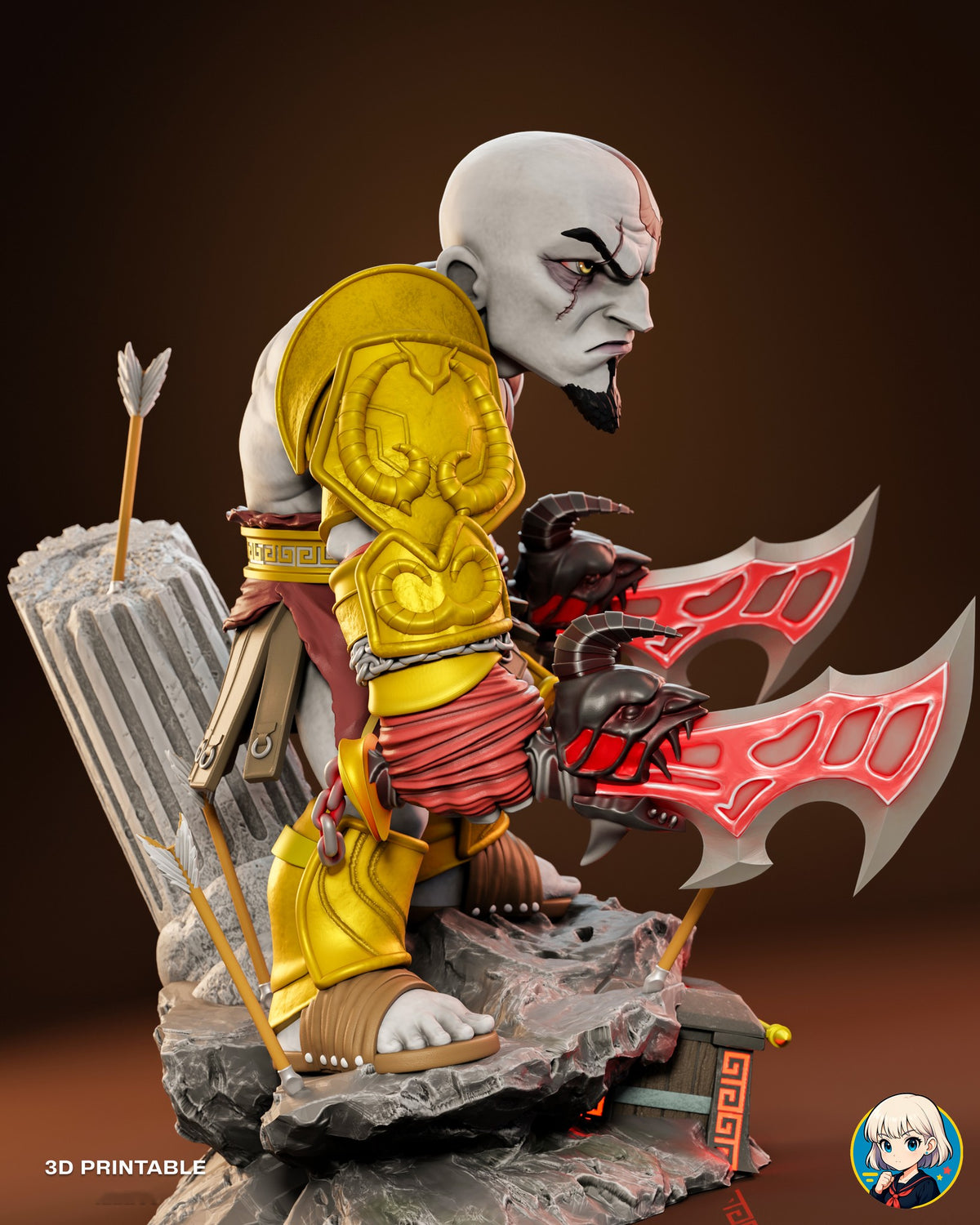 Sculptor's render (kit ships unpainted): right side view with the gold shoulder plates and both glowing blades held forward