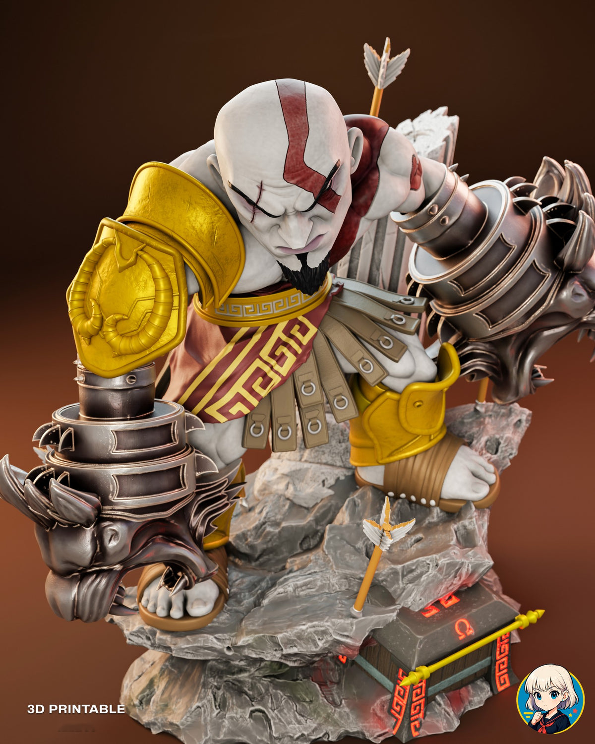 Sculptor's render (kit ships unpainted): high view of the figure with the lion gauntlets looking down on his head and the glowing chest