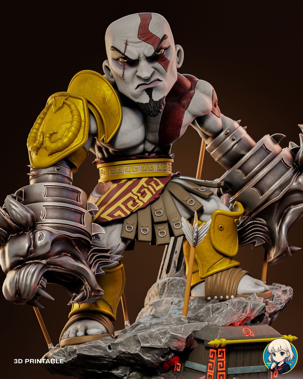 Sculptor's render (kit ships unpainted): low, close front view of the two snarling lion-head gauntlets