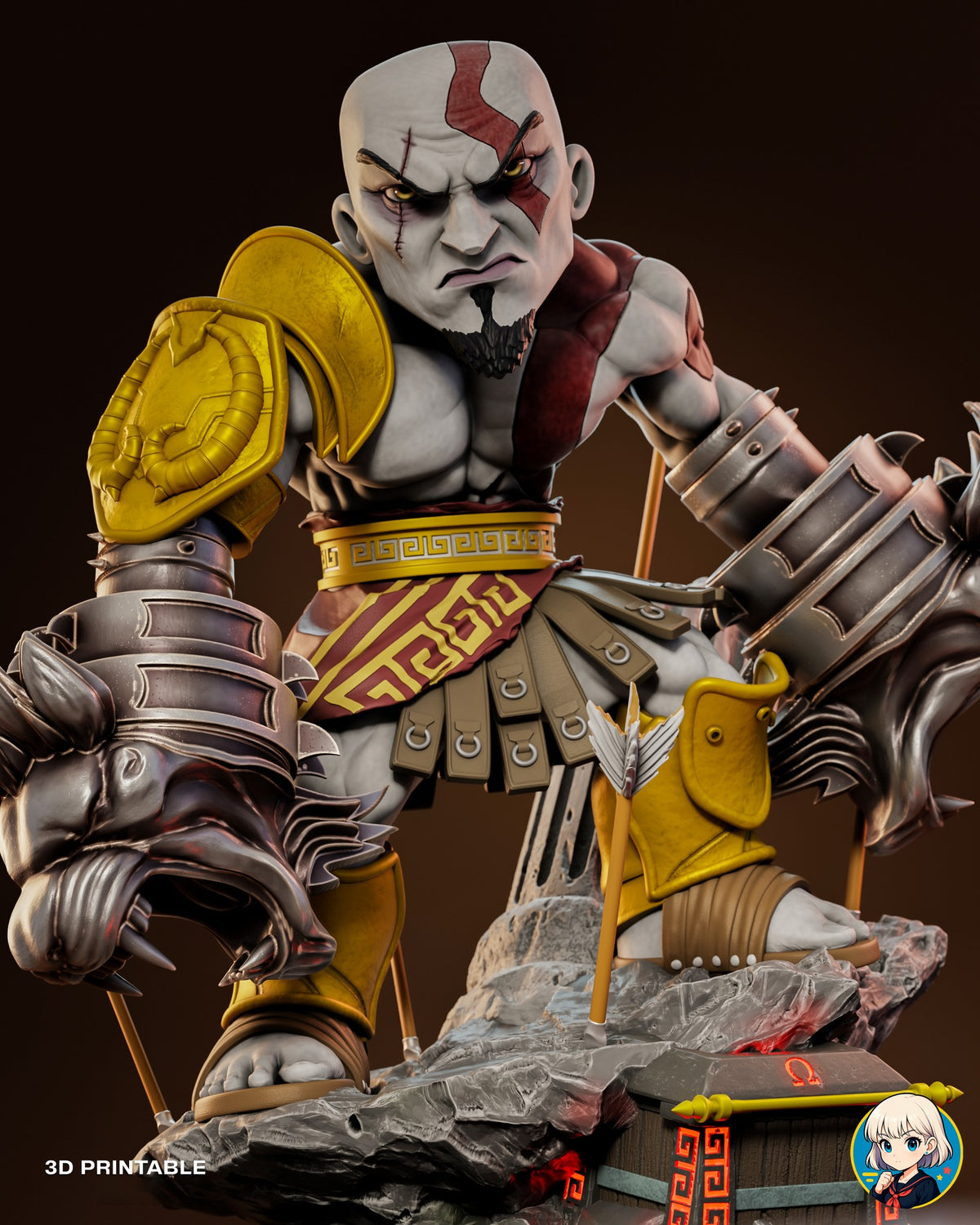 Sculptor's render (kit ships unpainted): low, close front view of the two snarling lion-head gauntlets