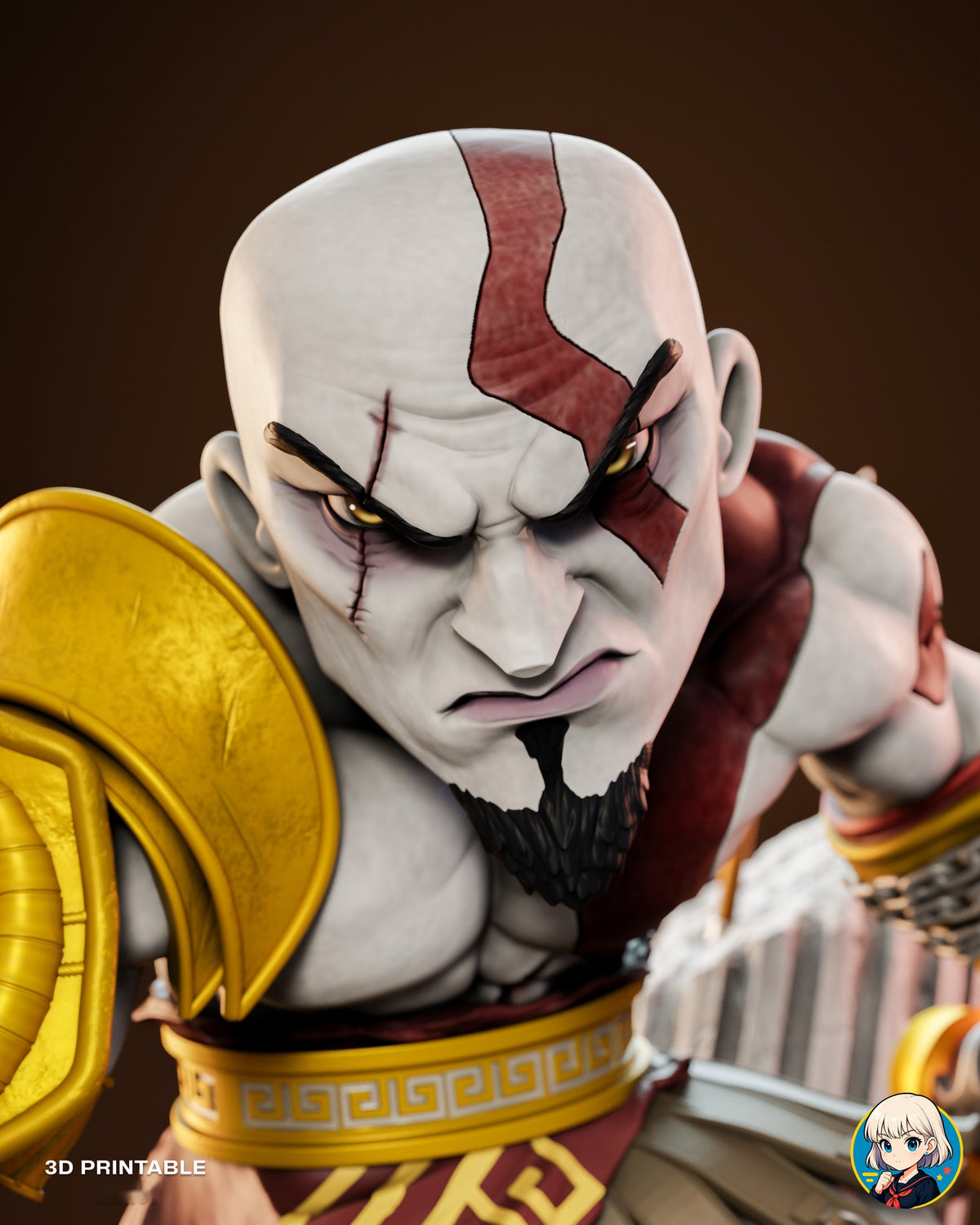 Sculptor's render (kit ships unpainted): close-up of the scowling face with gold eyes, the stitched scar and the red tattoo