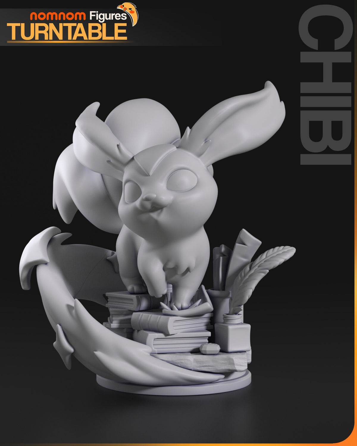 Sculptor's render (kit ships unpainted): gray front view of the whole scene with the ears spread and the ribbon sweeping around the front