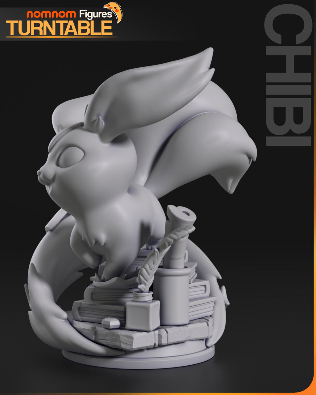 Sculptor's render (kit ships unpainted): gray view from the right with the scroll cup, inkwell and quill in front