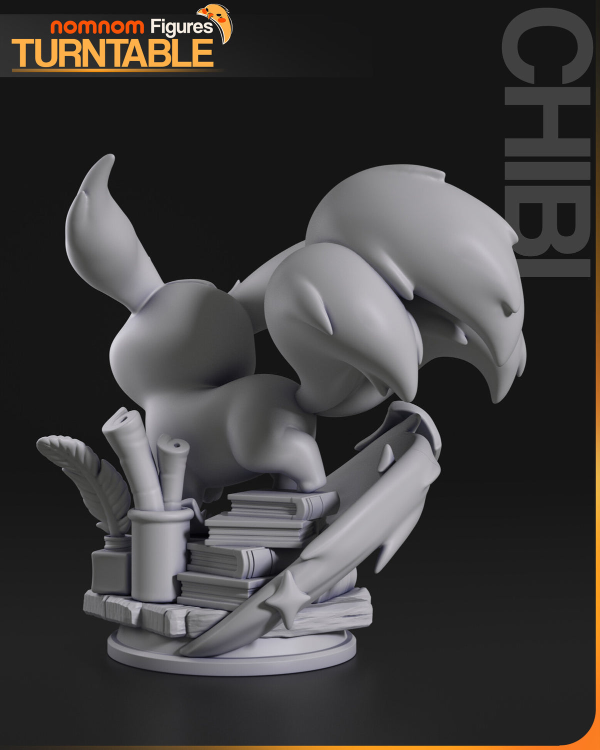 Sculptor's render (kit ships unpainted): gray rear view of the three-lobed tail and the back of the ribbon