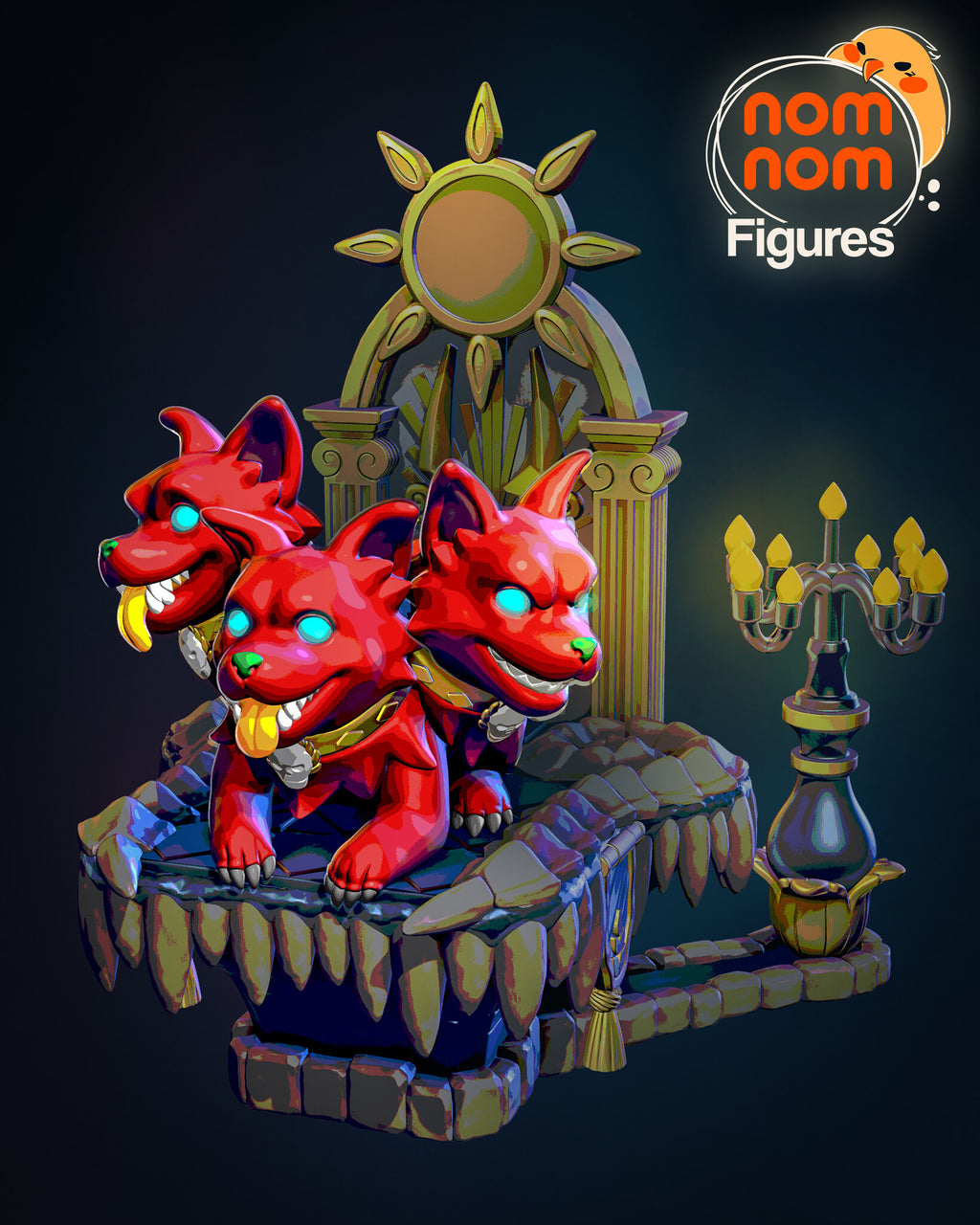Sculptor's render of the painted design (kit ships unpainted): red three-headed chibi hound lounging on a fanged stone dais in front of an olive-gold arched gate, with a candelabra at the side