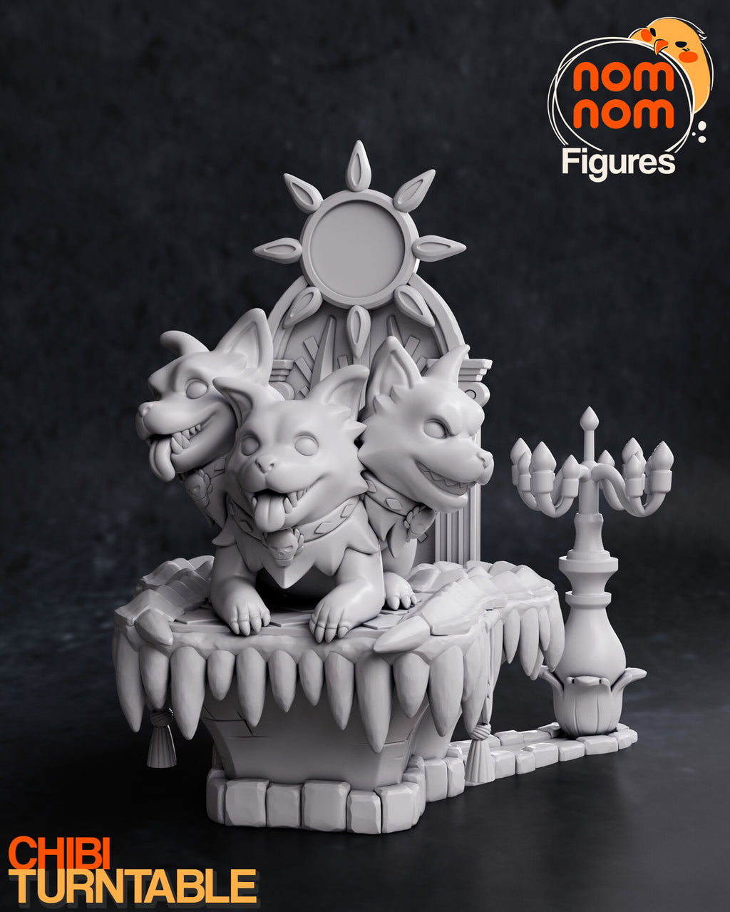 Sculptor's render (kit ships unpainted): gray front view of the three heads, the fanged dais, the gate and the candelabra