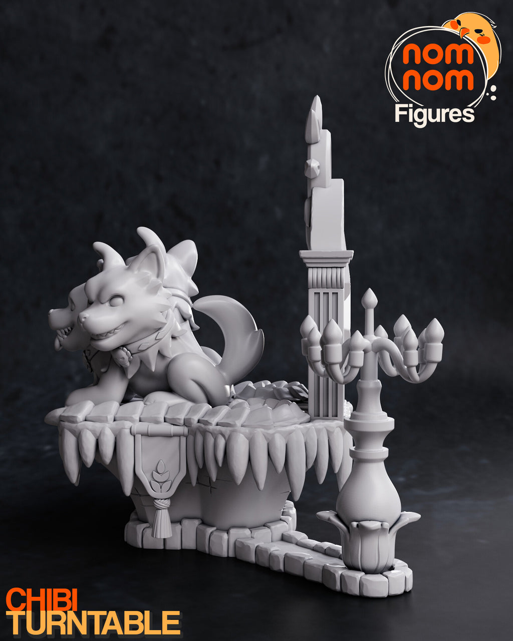Sculptor's render (kit ships unpainted): gray side view showing the banner on the dais, the brick path and the candelabra in its flower cup