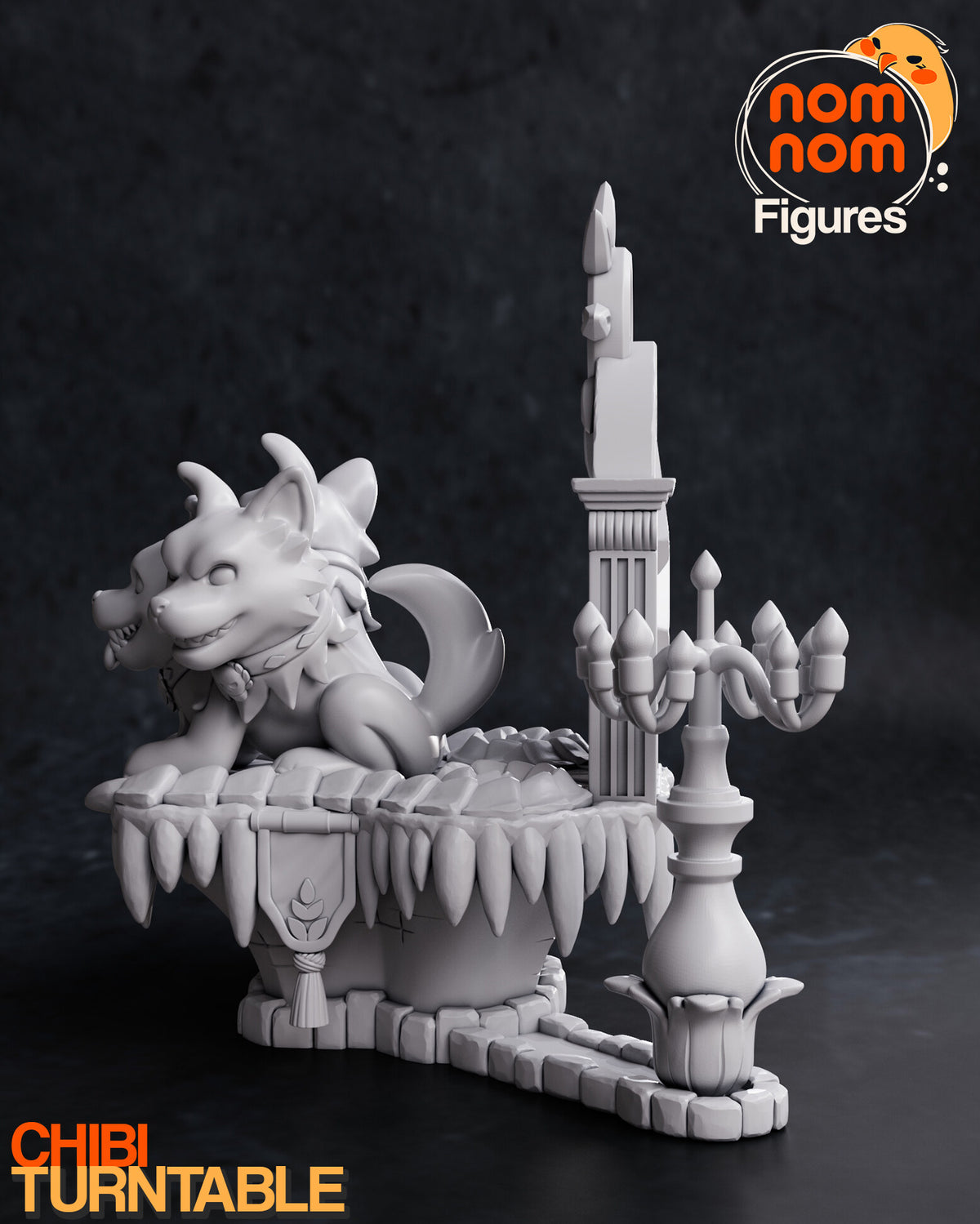 Sculptor's render (kit ships unpainted): gray side view showing the banner on the dais, the brick path and the candelabra in its flower cup