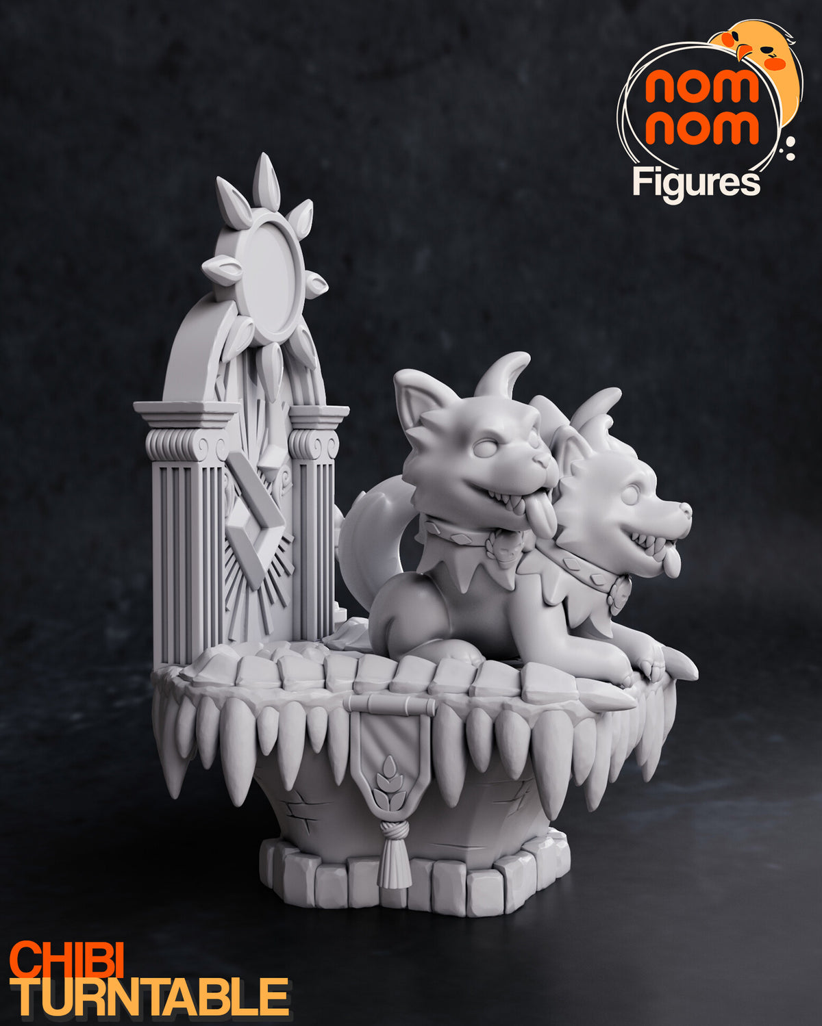 Sculptor's render (kit ships unpainted): gray view from the other side with the curled tail and the fluted columns of the gate