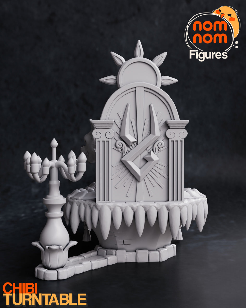 Sculptor's render (kit ships unpainted): gray rear view of the gate's crest and sun disc behind the dais