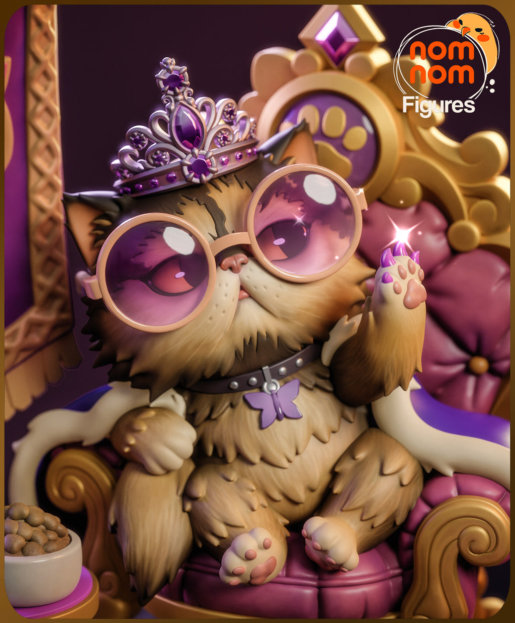 Sculptor's render of the painted design (kit ships unpainted): close view of the long-haired chibi cat in a jeweled tiara and pink round sunglasses, one paw raised, on a pink and gold throne