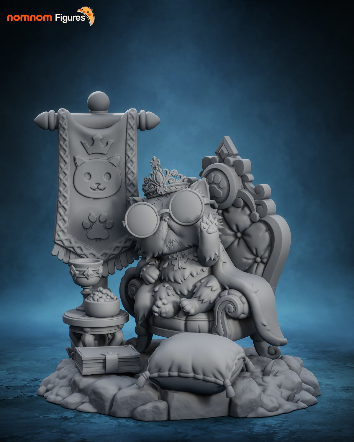 Sculptor's render (kit ships unpainted): gray front view of the whole scene, the cat banner at left, the table, book and cushion in front and the cat on the throne