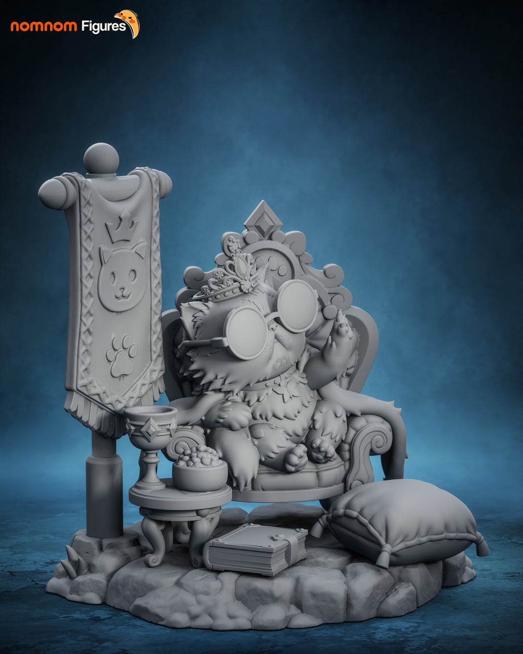Sculptor's render (kit ships unpainted): gray view from the front left showing the banner pole, the goblet and kibble bowl on the table and the strapped book