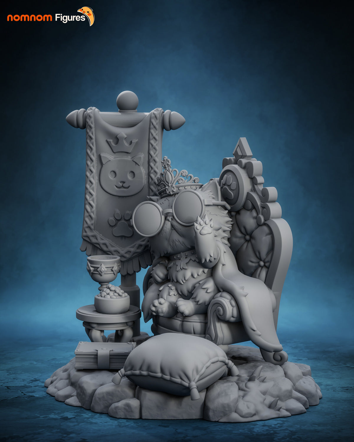 Sculptor's render (kit ships unpainted): gray view from the front right with the cape falling over the throne's arm to the cobbles