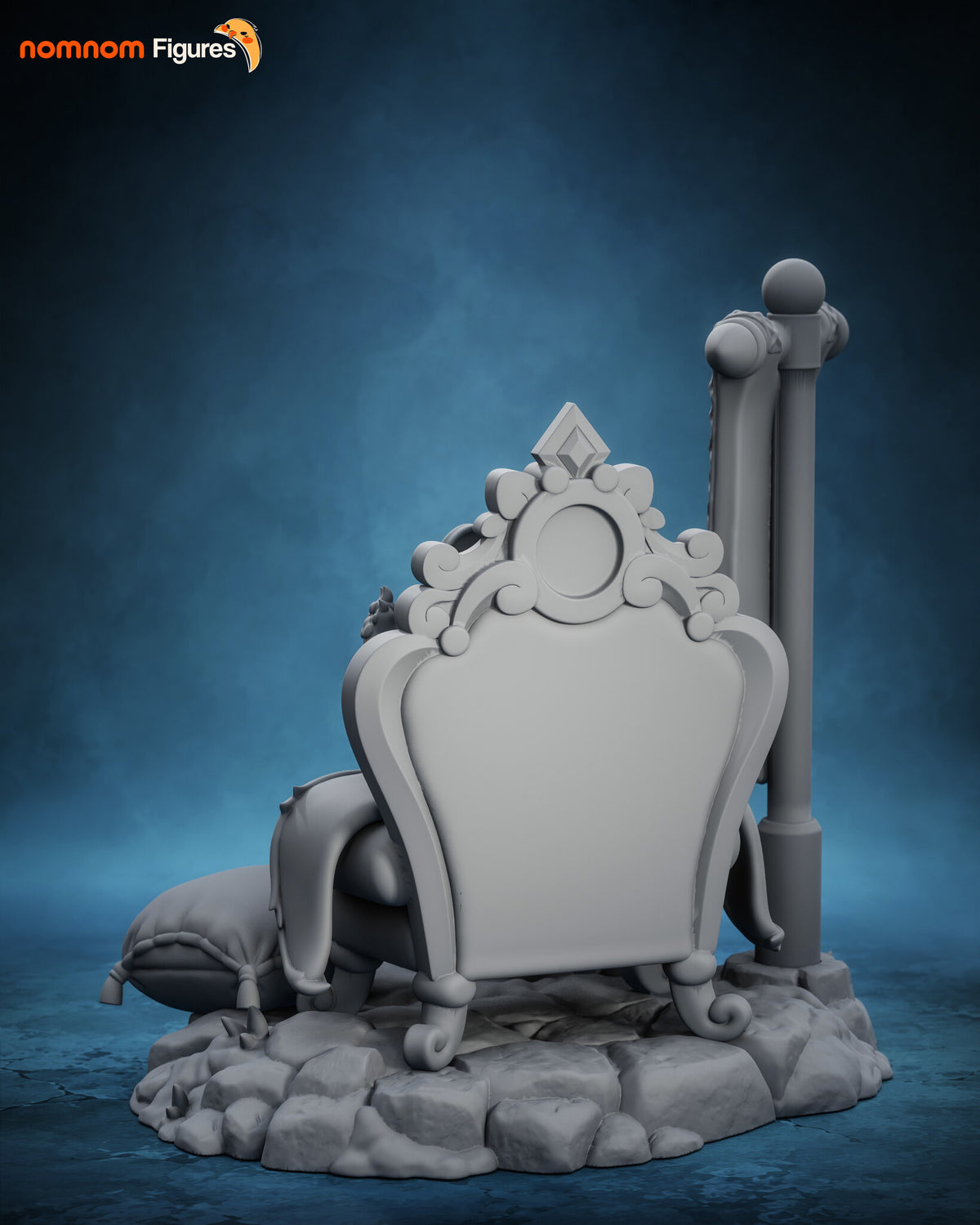 Sculptor's render (kit ships unpainted): gray rear view of the throne's plain back panel, the carved crest and the banner pole