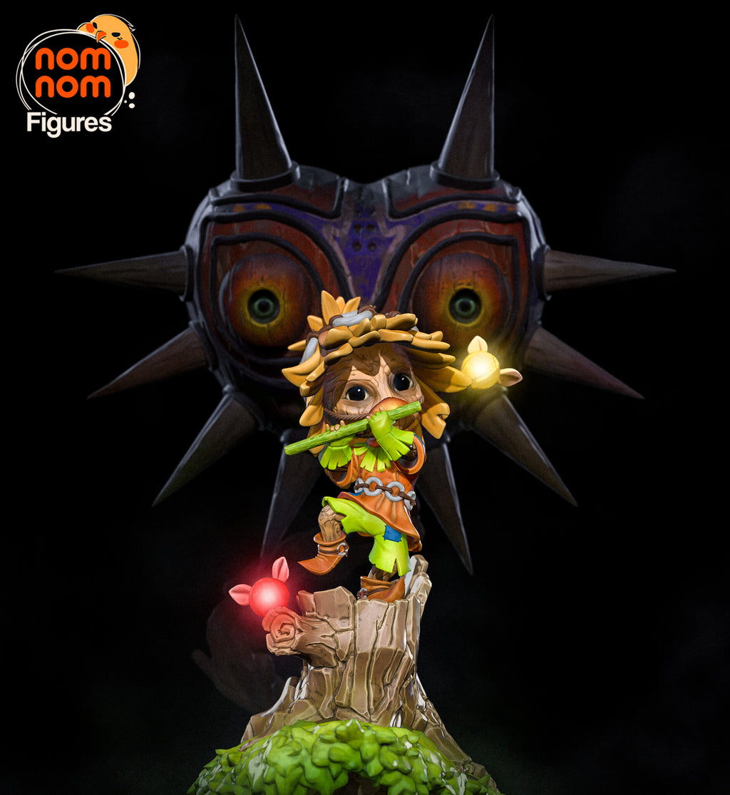 Sculptor's render of the painted design (kit ships unpainted): front view of the chibi imp playing a green flute on the tree stump, the giant spiked heart-shaped mask rising behind him; the two glowing lights are a render effect, not kit parts