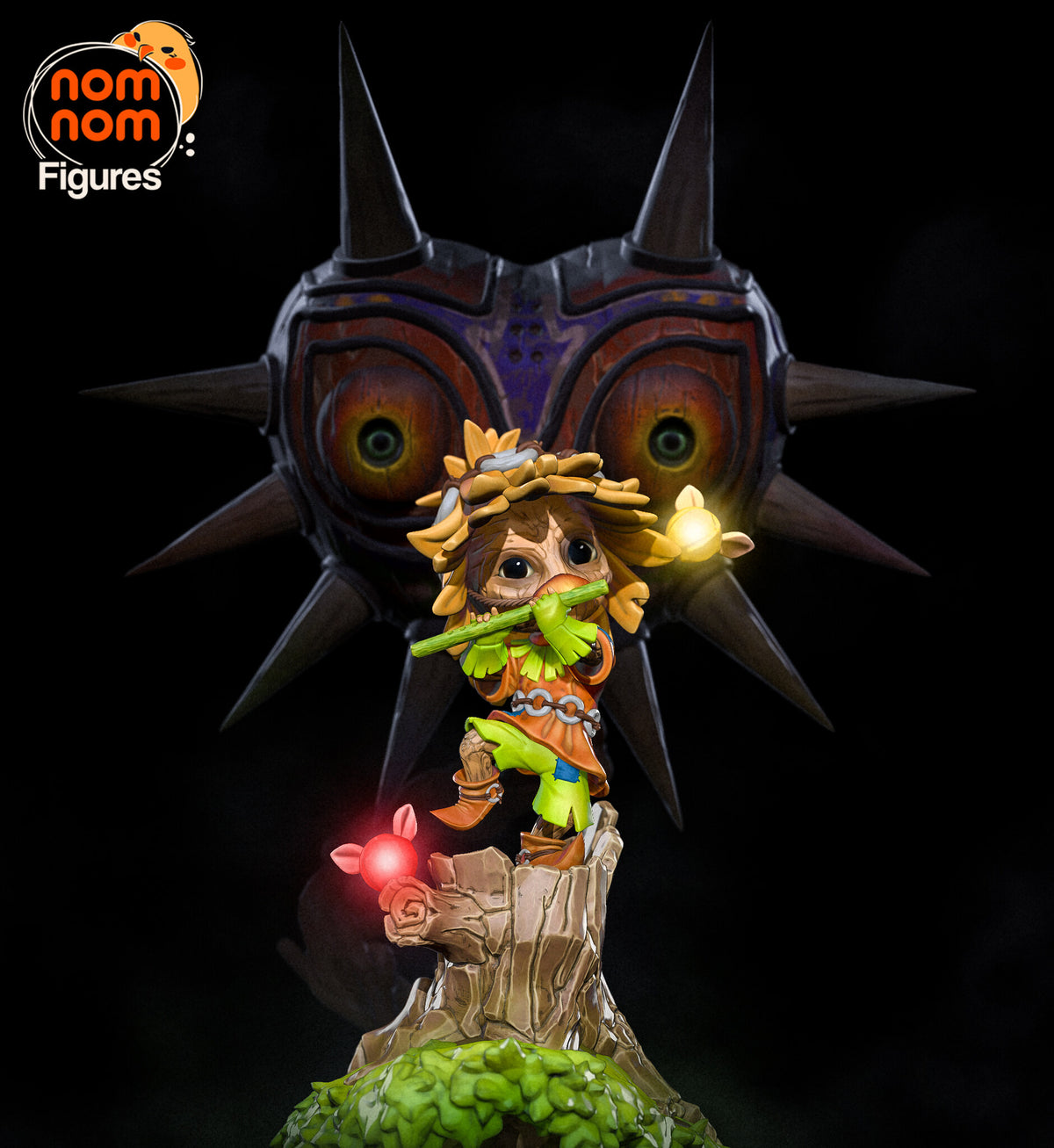 Sculptor's render of the painted design (kit ships unpainted): front view of the chibi imp playing a green flute on the tree stump, the giant spiked heart-shaped mask rising behind him; the two glowing lights are a render effect, not kit parts