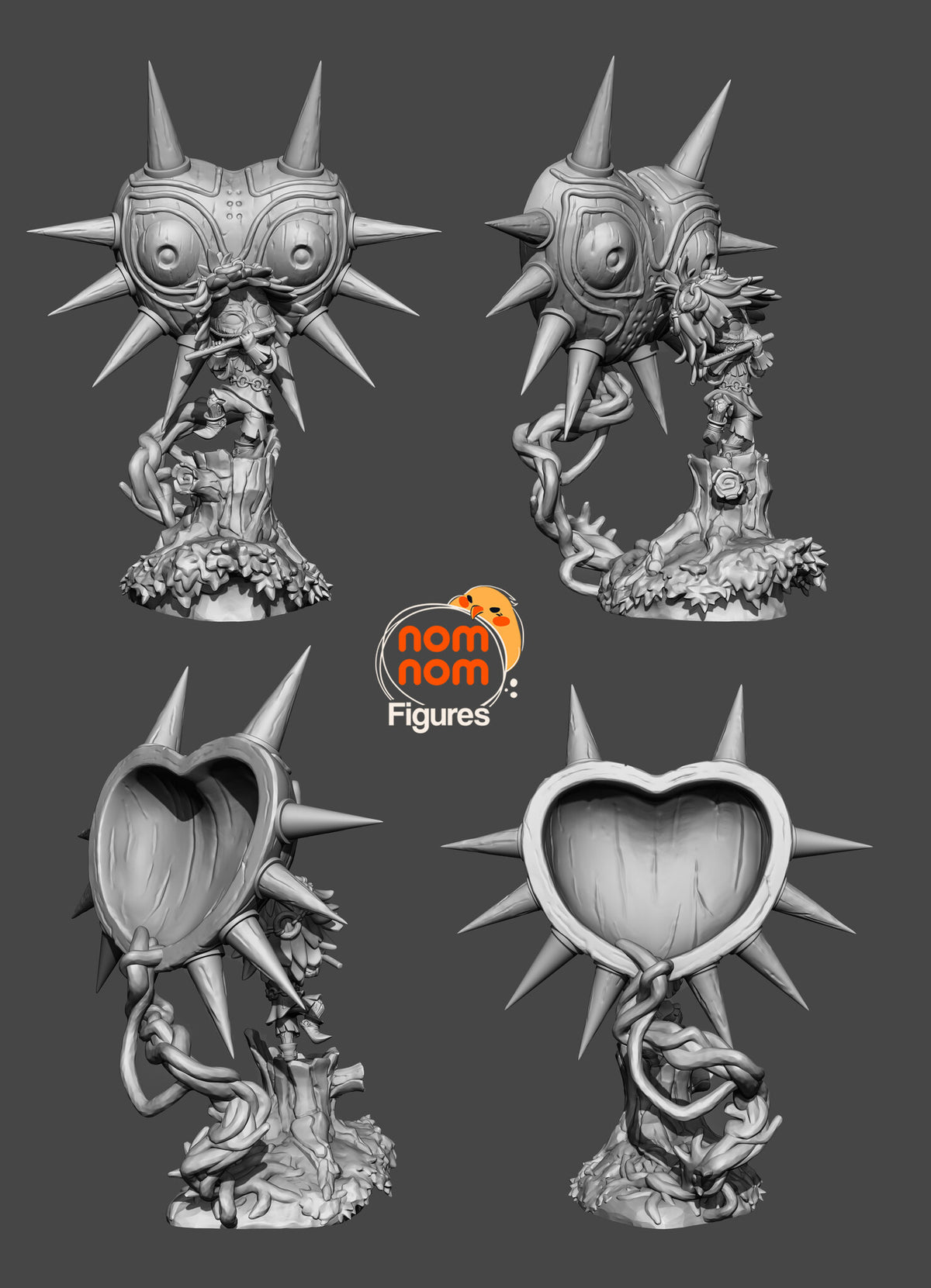 Sculptor's render (kit ships unpainted): four gray views, front, three-quarter, rear three-quarter and back, showing the climbing vine and the hollow heart-shaped back of the mask