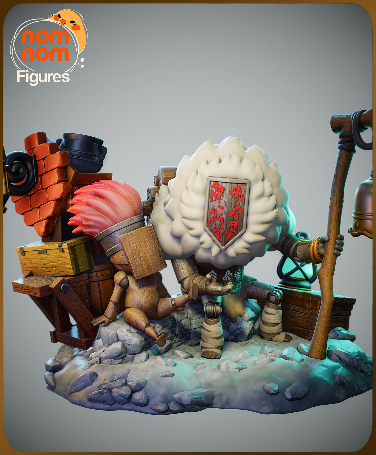 Sculptor's render of the painted design (kit ships unpainted): the full scene: the feather-crested wooden merchant sitting by his shop stack and the big fluffy-headed figure holding a bell axe-staff, on a stone slab
