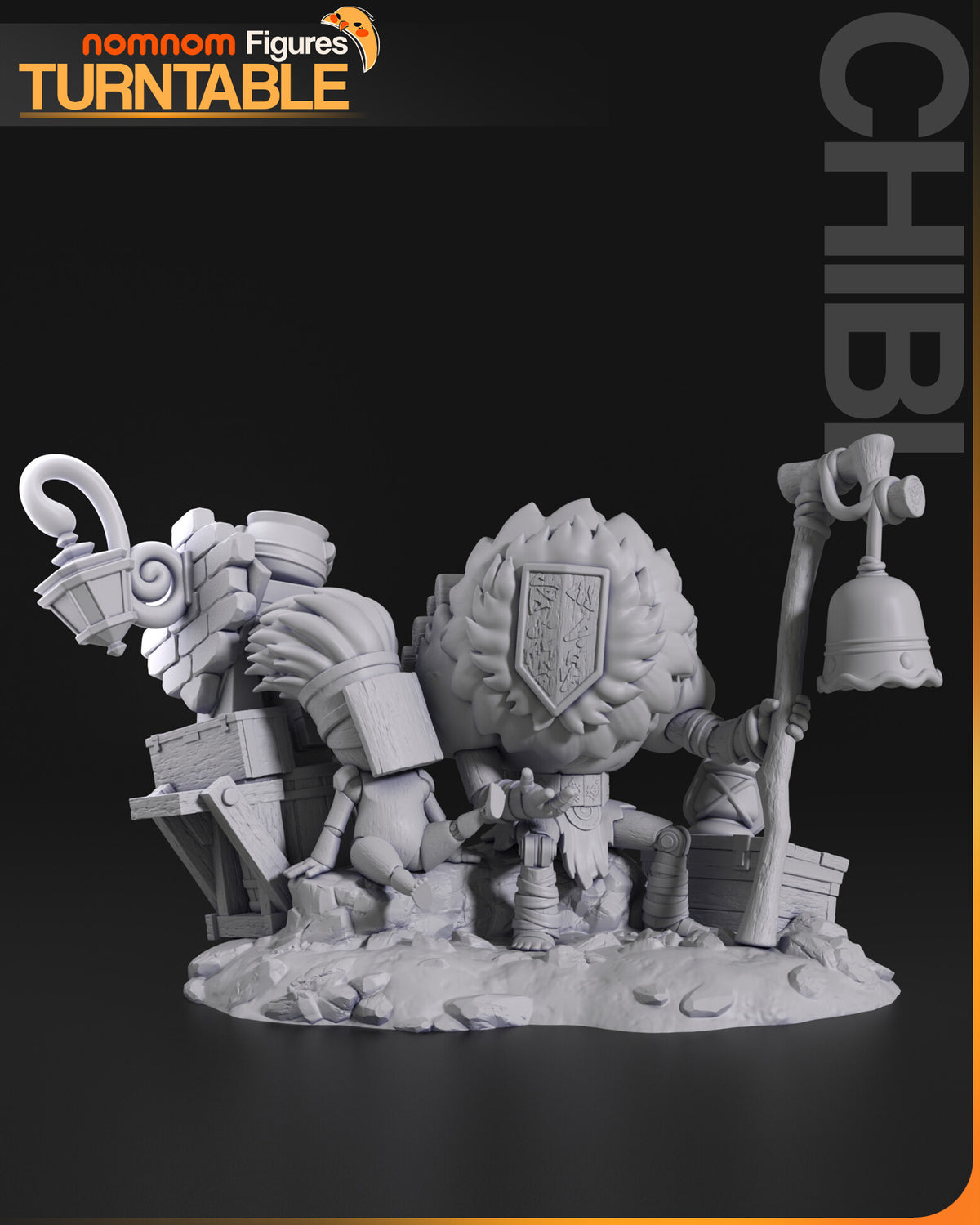 Sculptor's render (kit ships unpainted): gray front view of the whole scene, with the shop stack at one end and the bell staff at the other