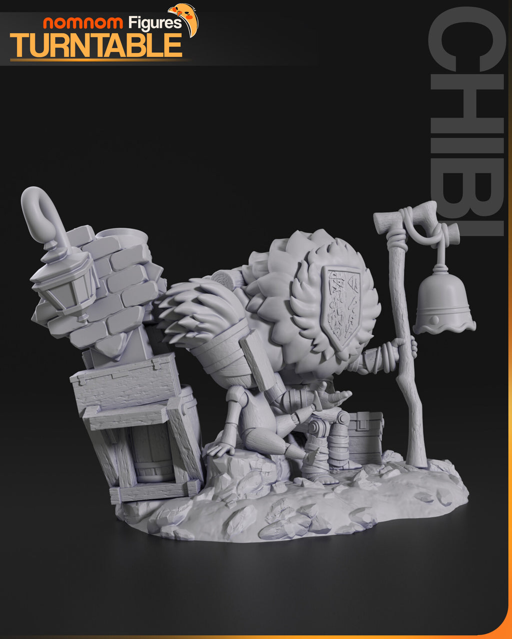 Sculptor's render (kit ships unpainted): gray three-quarter view showing the brick stack, the lantern hook and the shelf behind the small figure