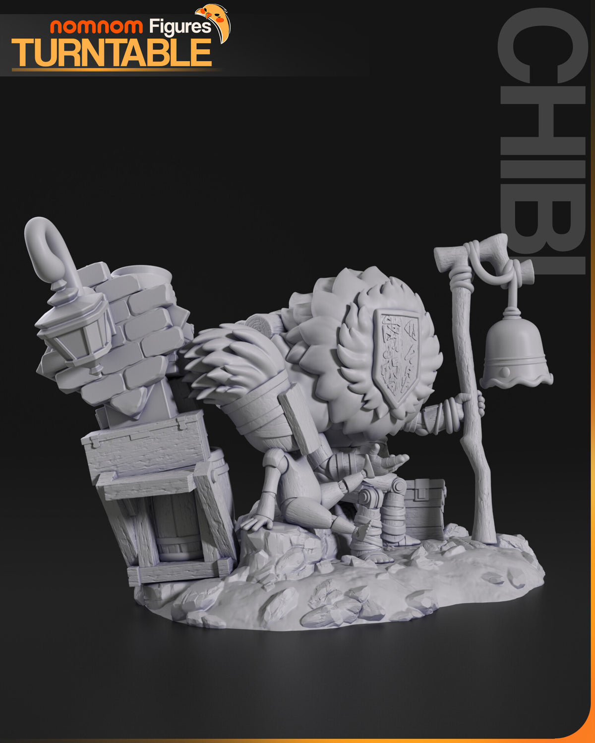 Sculptor's render (kit ships unpainted): gray three-quarter view showing the brick stack, the lantern hook and the shelf behind the small figure