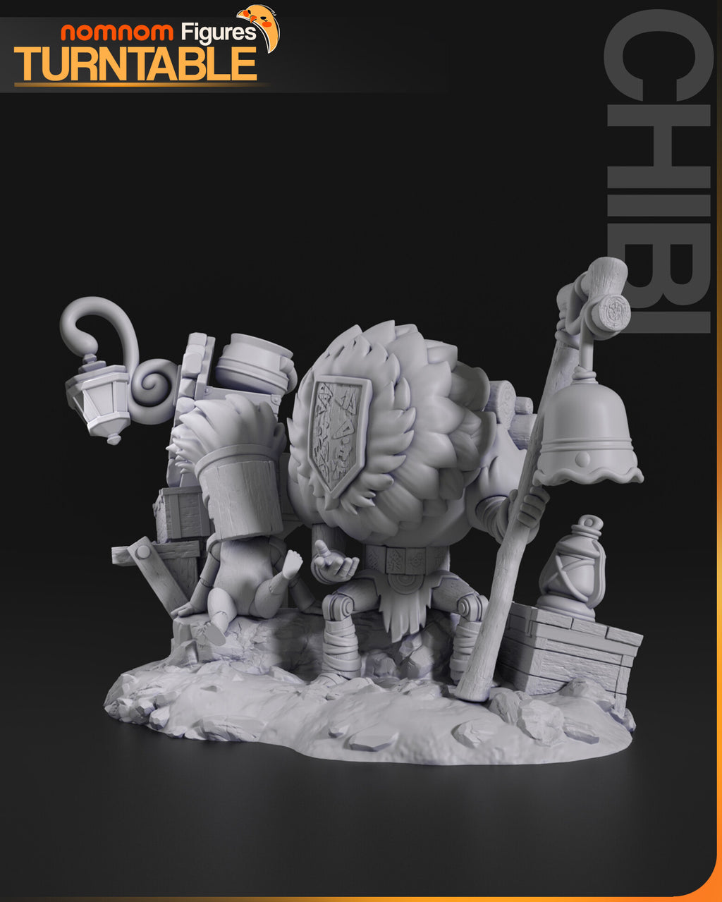 Sculptor's render (kit ships unpainted): gray view from the other end, with the chest and its lantern at the big figure's feet