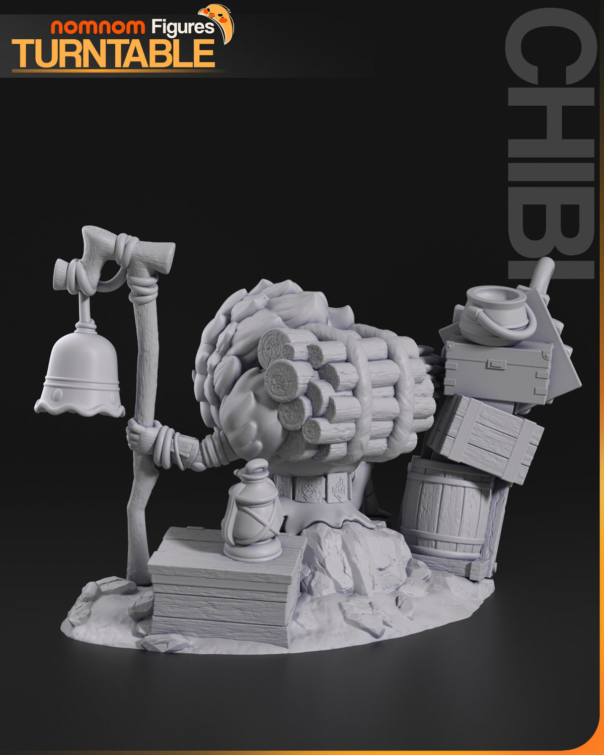 Sculptor's render (kit ships unpainted): gray rear view of the bundle of logs on the big figure's back and the barrel and crates of the shop