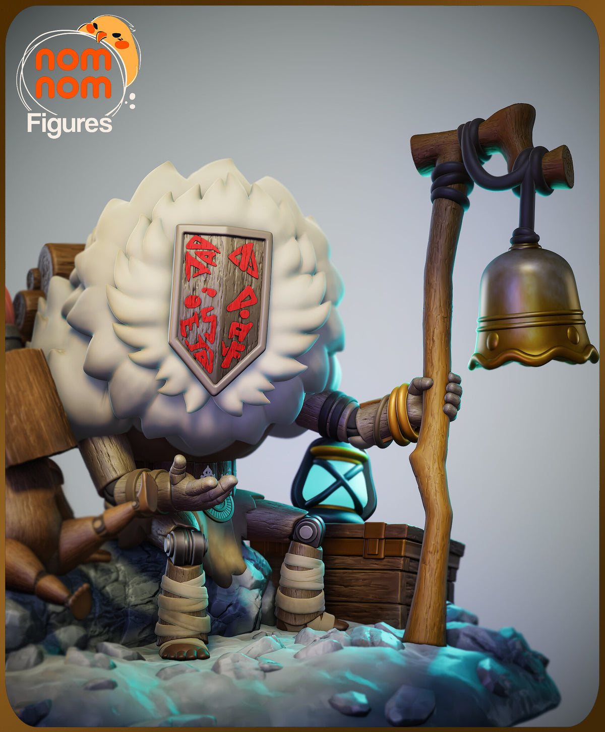 Sculptor's render (kit ships unpainted): the big figure with his plaque face, holding the axe-staff with the brass bell, beside the chest with the glowing lantern