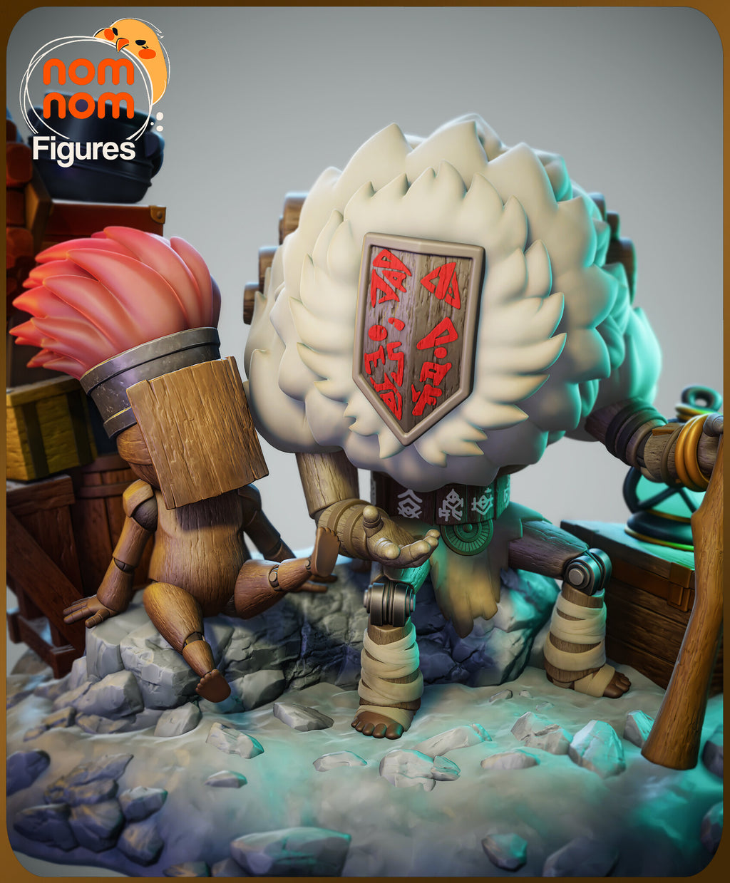 Sculptor's render (kit ships unpainted): close view of the feather crest, the painted plaque and the bandaged legs