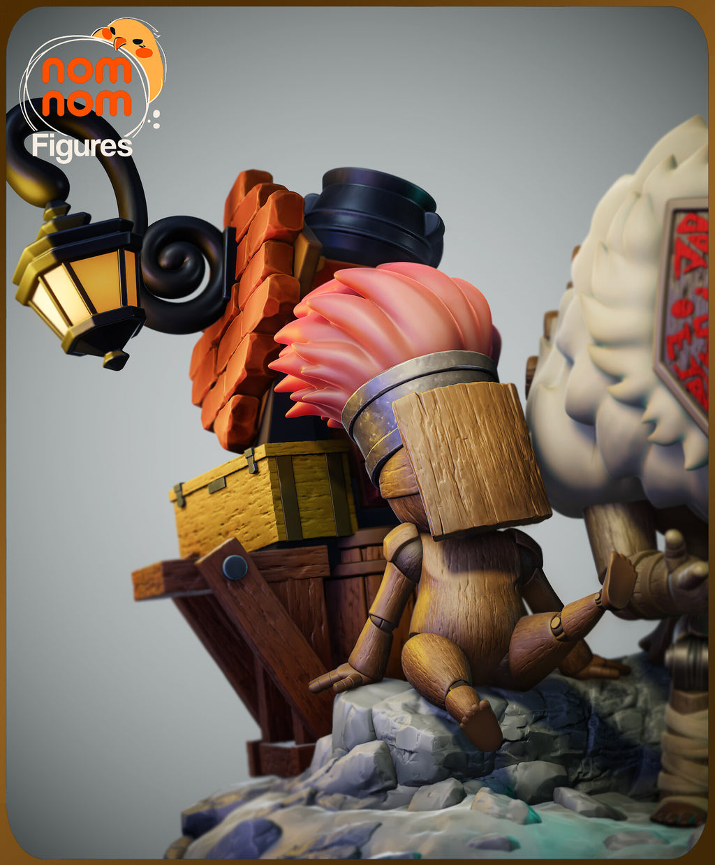 Sculptor's render (kit ships unpainted): close view of the shop stack with the hanging lantern, bricks, iron pot and yellow crate