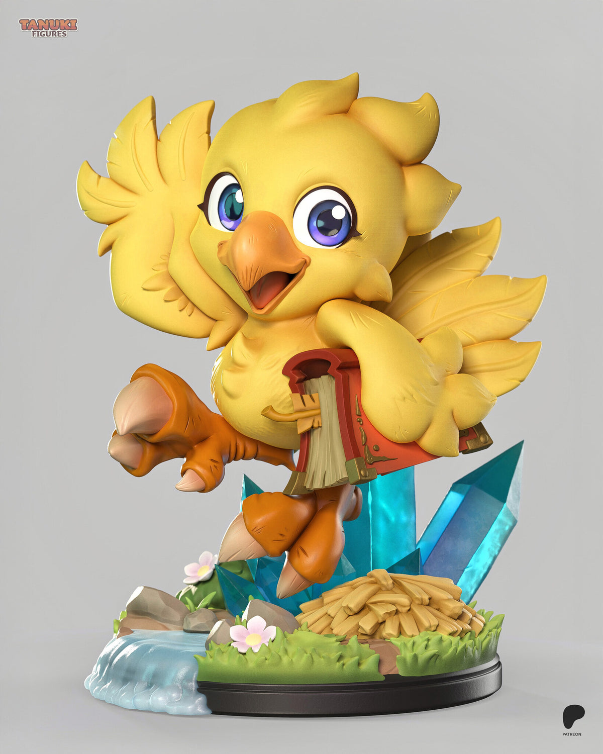 Sculptor's render of the painted design (kit ships unpainted): the chibi yellow bird leaping with one wing raised and a red book under the other, above the crystal meadow base