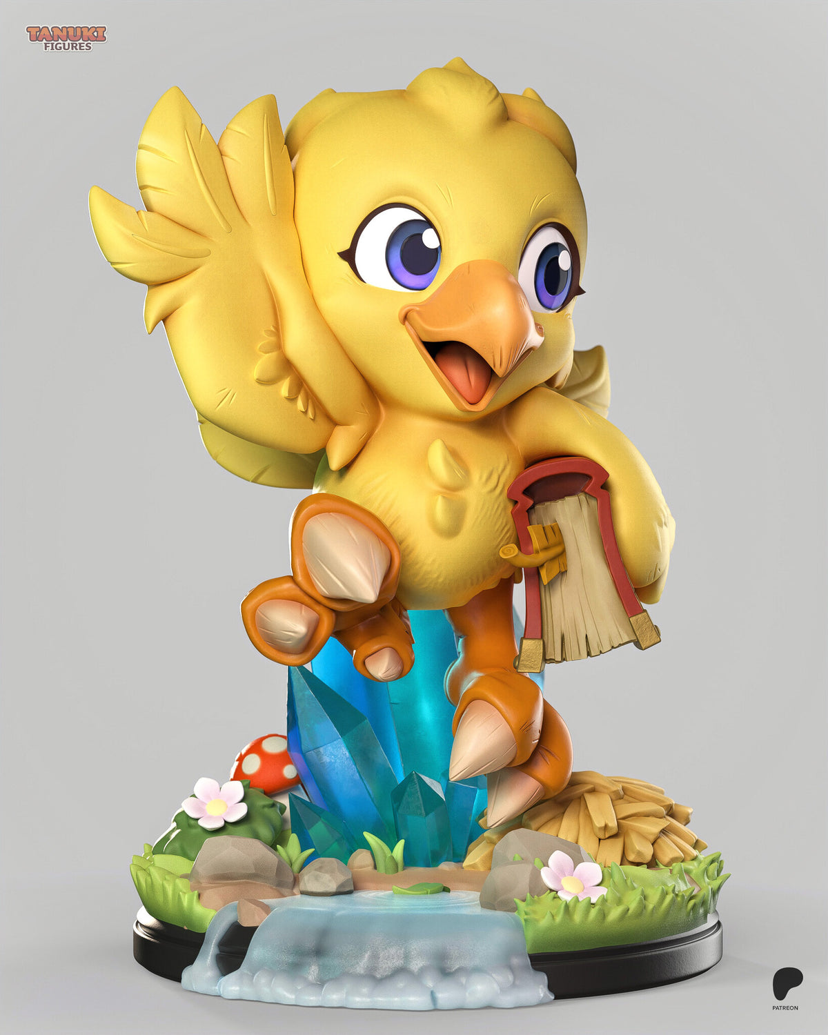 Sculptor's render (kit ships unpainted): front view with one foot kicked toward the camera above the small pool and waterfall